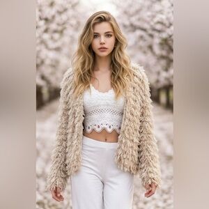 Beige Textured Fringe Open Front Jacket